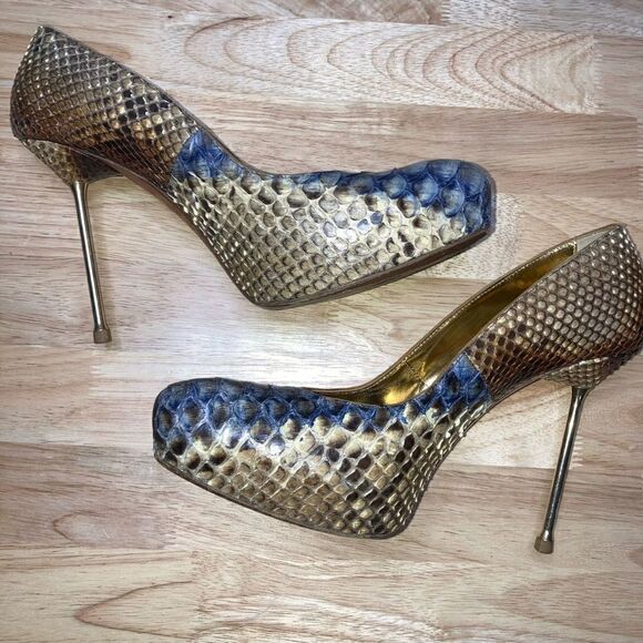 Francesco Sacco, Authentic & Exotic Python Snakeskin Gold Metal Spike Stilettos - Picture 9 of 14